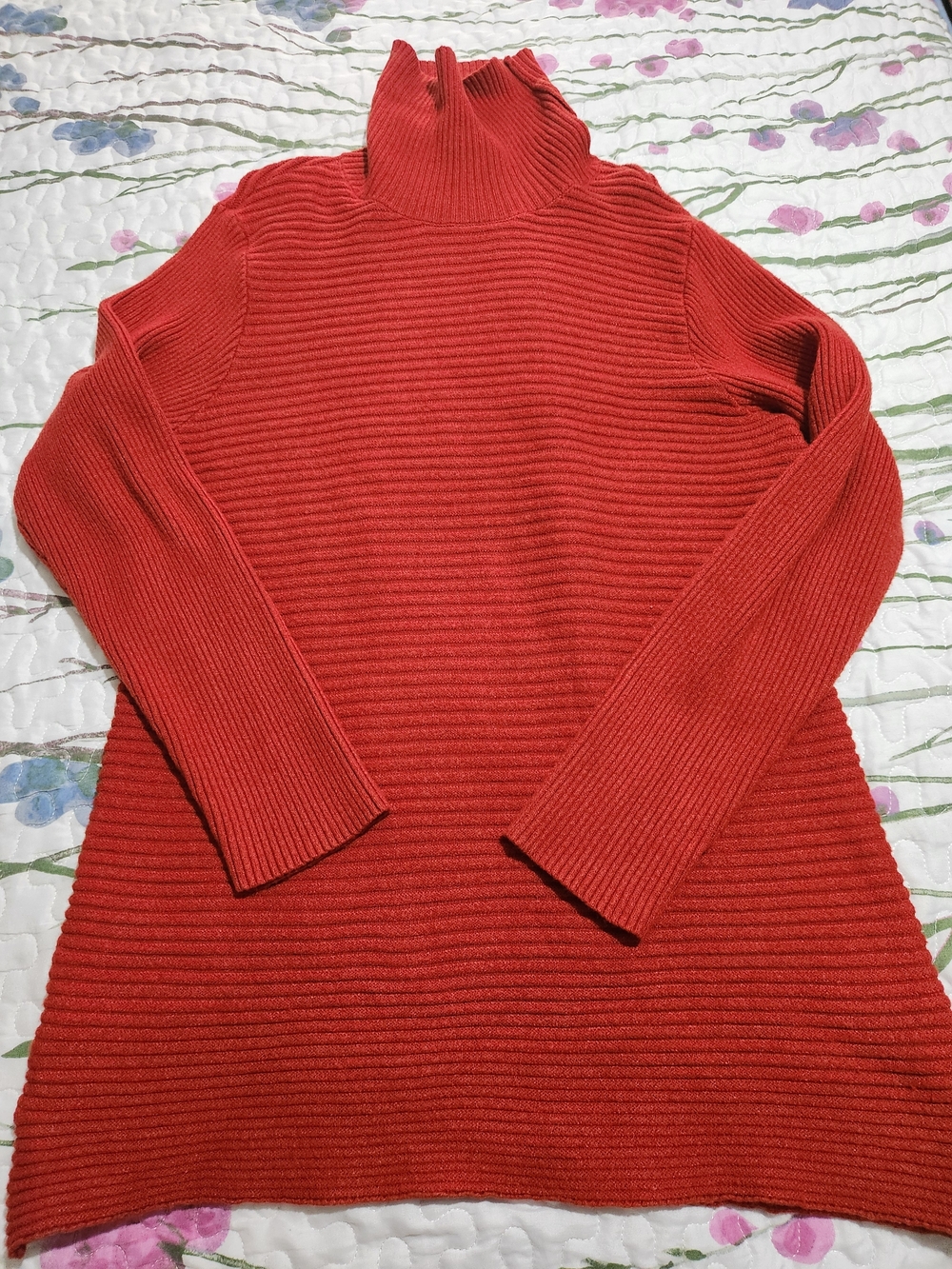 Devotion By Cyrus Ribbed Cowl-Neck Sweater in Red Orange